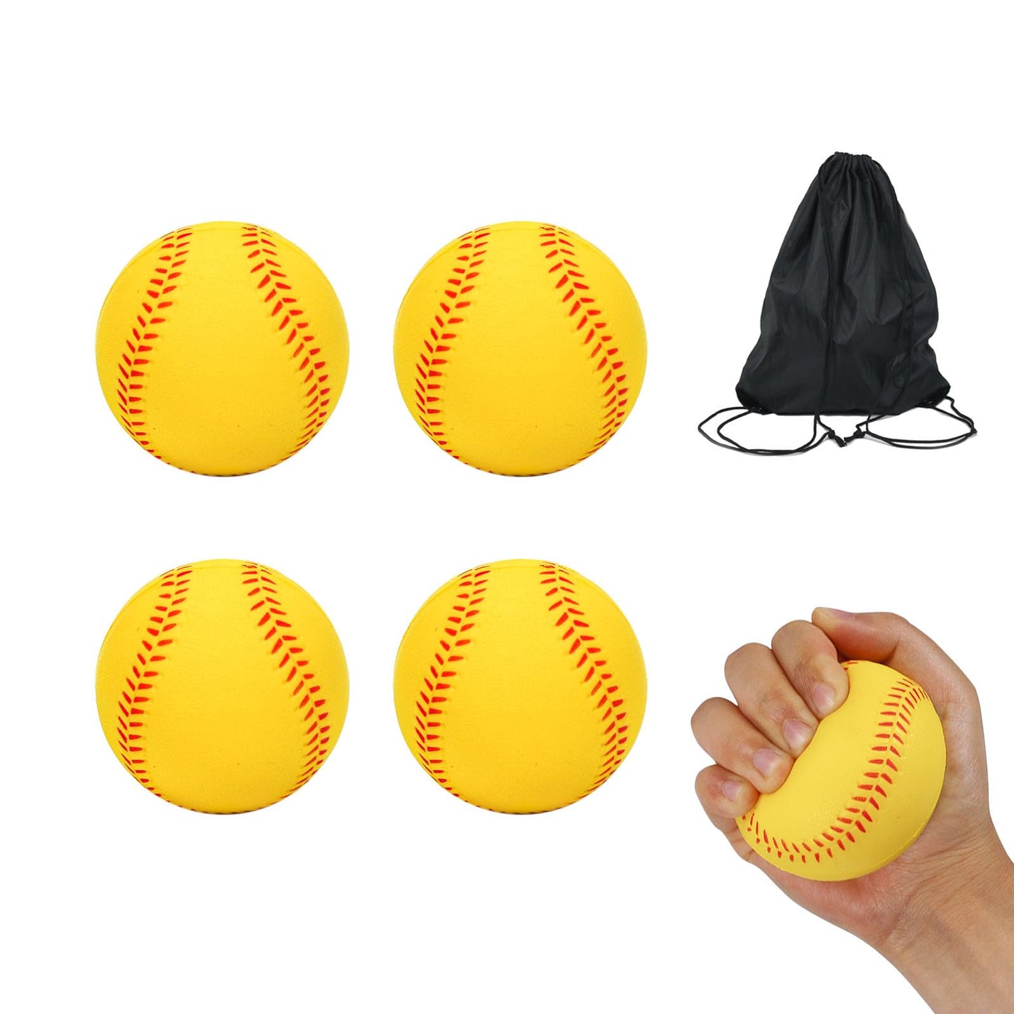 4-Pack Foam Baseballs with Drawstring Bag – Soft Training & Stress Balls