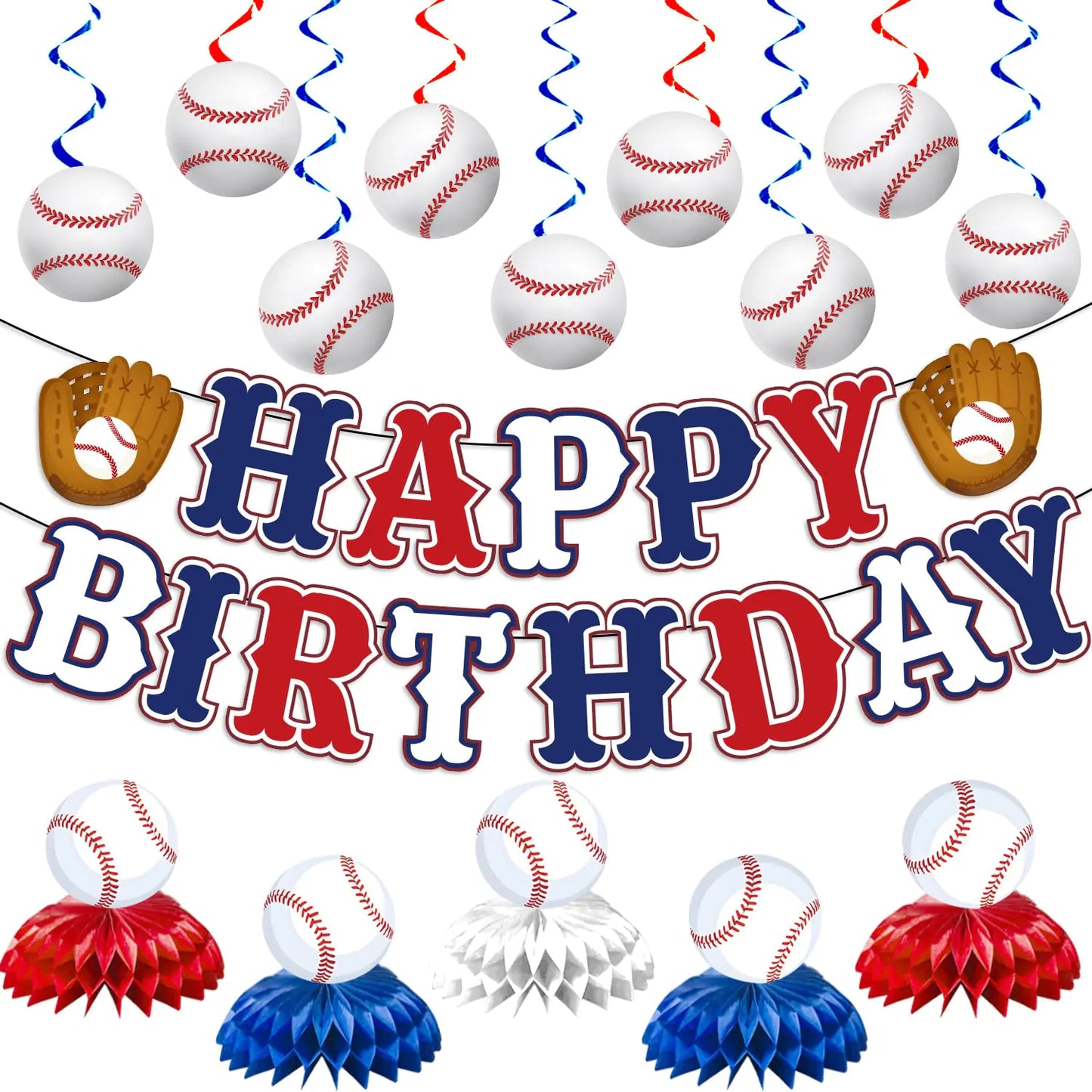 Baseball Birthday Party Decorations Set - Banner, Swirls & Centerpiece
