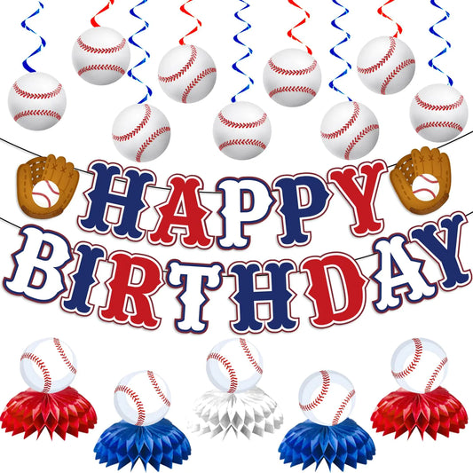 Baseball Birthday Party Decorations Set - Banner, Swirls & Centerpiece