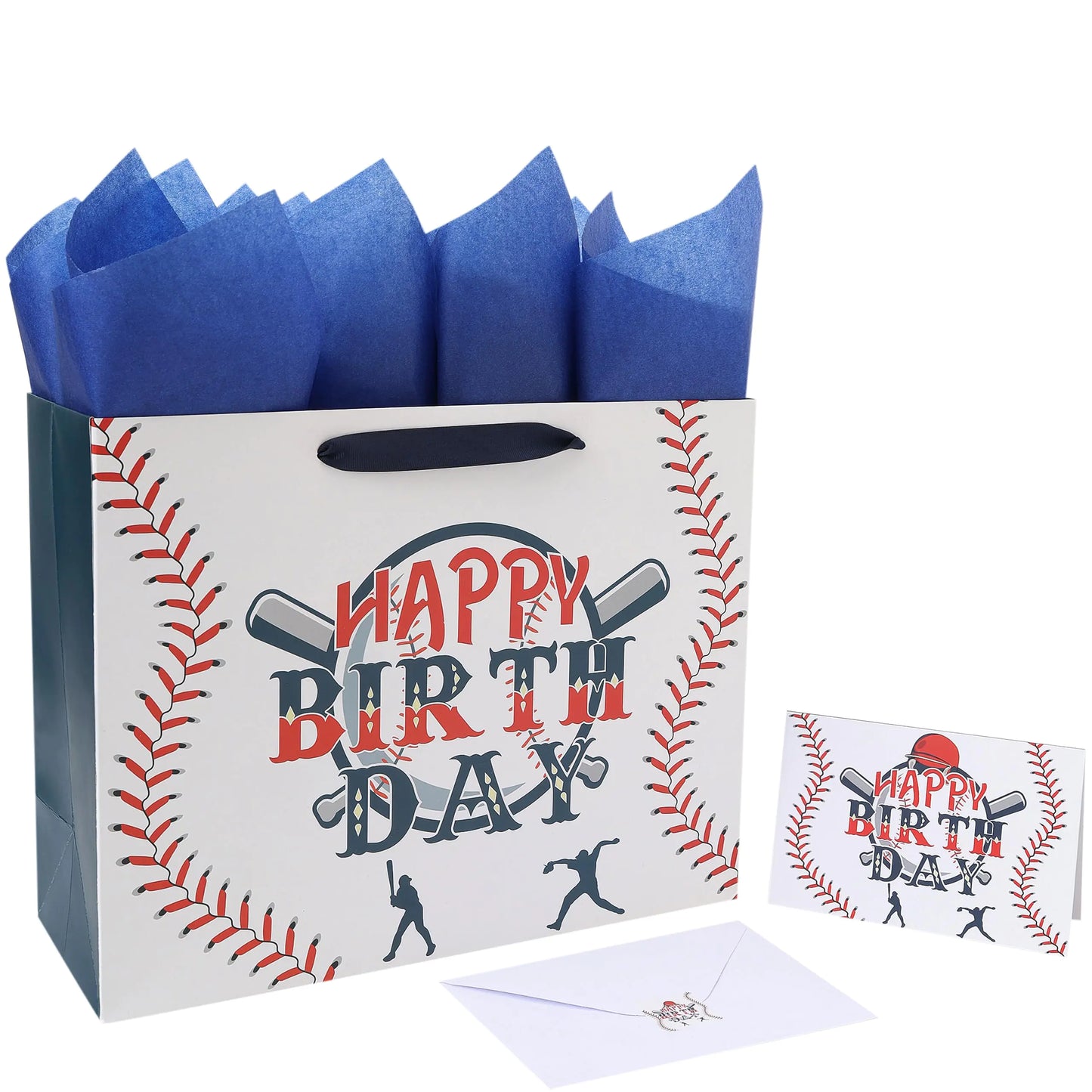 13” Large Baseball Happy Birthday Gift Bag Set with Handles Greeting Card Tissue Papers and Stickers for Boys Kids Teens Sport Themed Birthday Design 1 Pcs