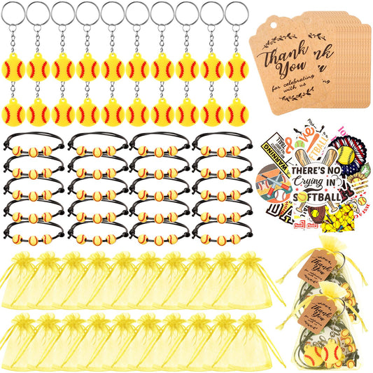Softball Party Favors – 130 Piece Set with Keychains, Bracelets & Stickers