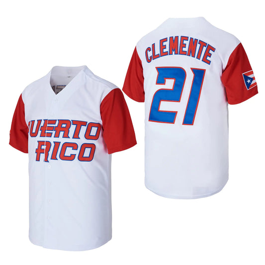 Mens #21 Roberto Clemente Baseball Jersey Puerto Rico World Game Classic Baseball Shirt Stitched White Size XXXL
